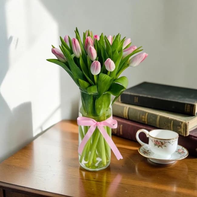 Pink Tulip Glass Vase Arrangement